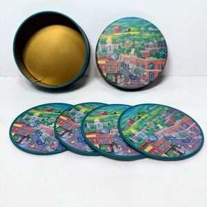 Vintage Heilig-Meyers‎ Folk Art Small Town Main Street Coaster Set with Tin 4pc